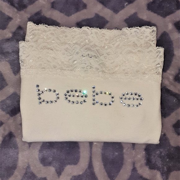 Items $10 and under 3/$20 White Bebe T-shirt with Lace Neckline - Picture 1 of 3